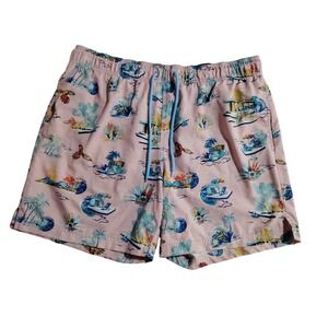 George Mens Swim Trunks Large Pink Tropical Parrot Palm Tree Print Elastic Waist